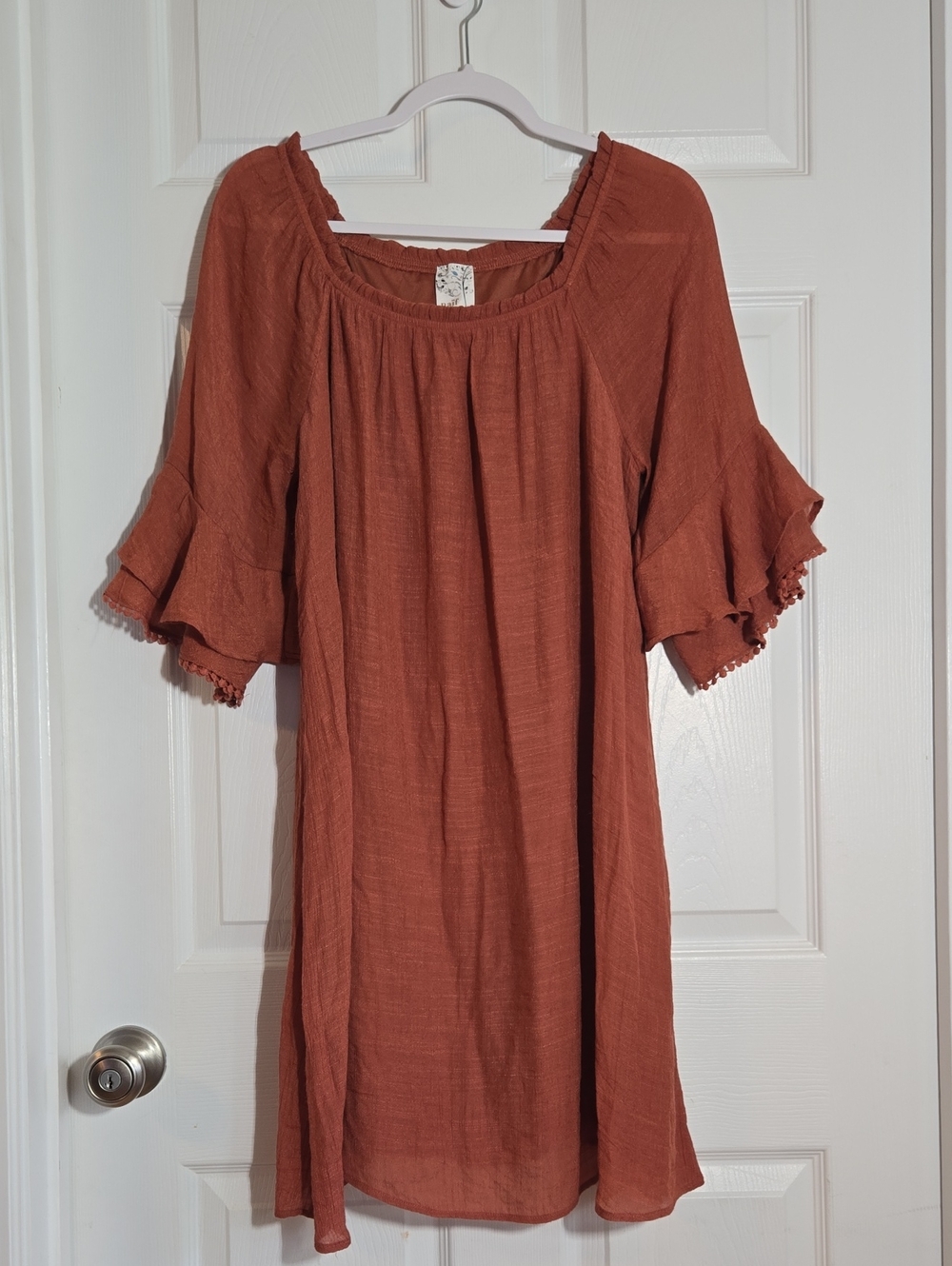 NAIF Anthropologie Rust Orange Peasant Dress Ruffled Sleeves Sz Medium